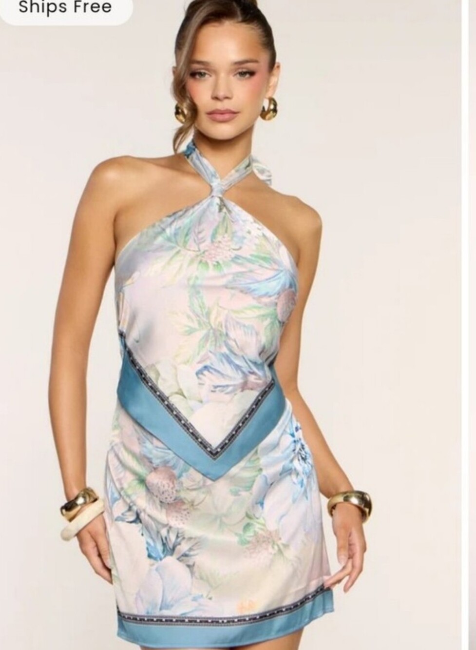 Windsor Pastel Floral Halter Mini Dress with Blue Accents